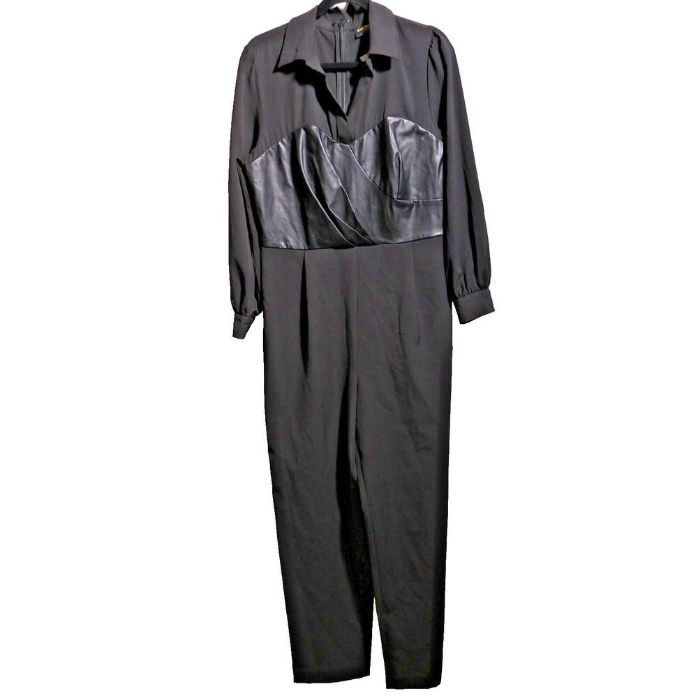 GABRIELLE‎ UNION Black Jumpsuit Womens L Collared Long Sleeve Faux Leather NWT